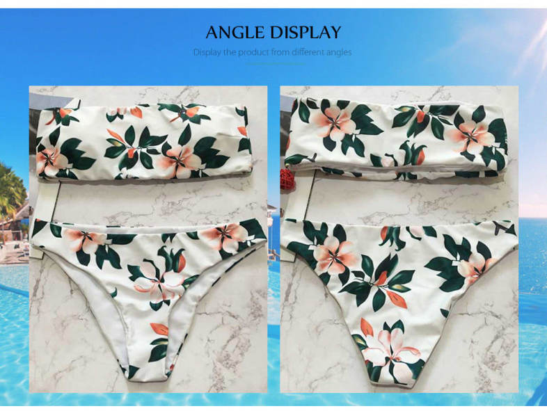 Sexy Strapless Padded Floral Print Mid Waist Women Bikini Set