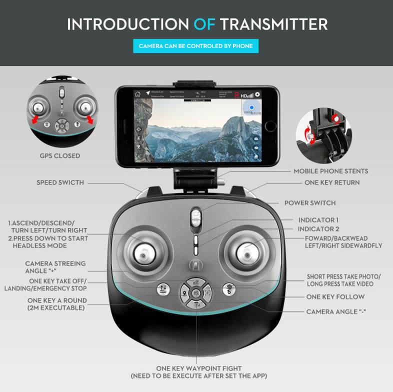 FX - 8G GPS Altitude Hold / Follow / Point of Interesting / Spot Landing / Auto Return FPV RC Drone 