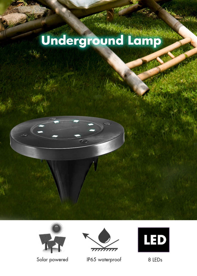8 LEDs Solar Powered IP65 Waterproof Ground Lamp for Outdoor Fence Garden