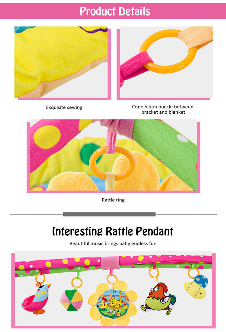 Karchibate Cute Cats Baby Soft Play Mat Crawling Blanket with Musical Rattles