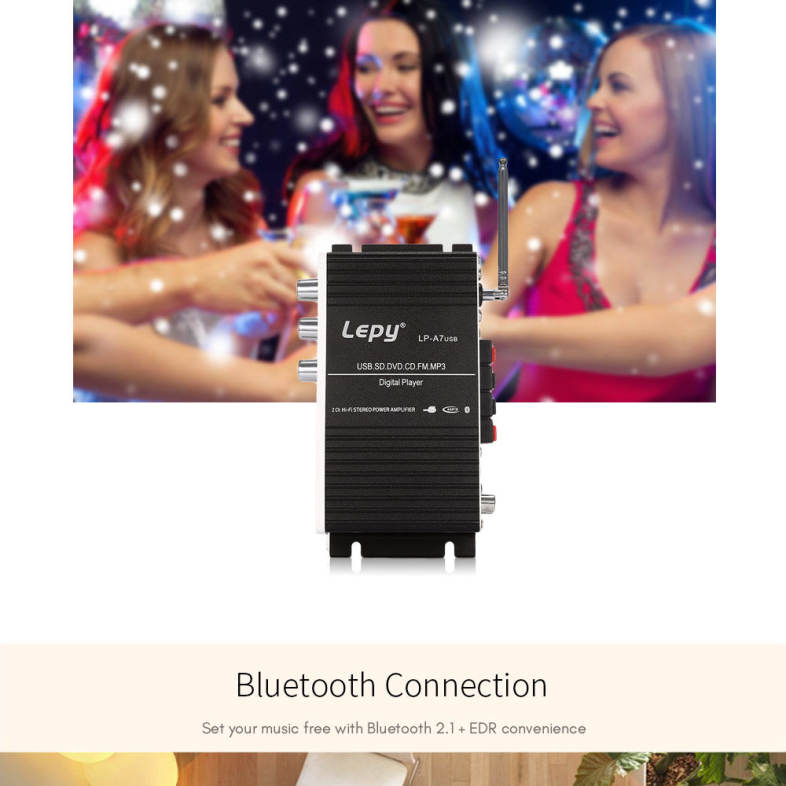 Lepy A7 Bluetooth Amplifier 2-channel HiFi Stereo Audio Support SD USB FM