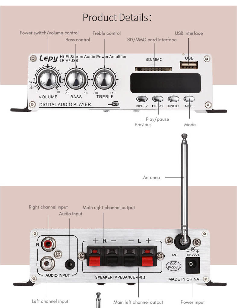 Lepy A7 Bluetooth Amplifier 2-channel HiFi Stereo Audio Support SD USB FM