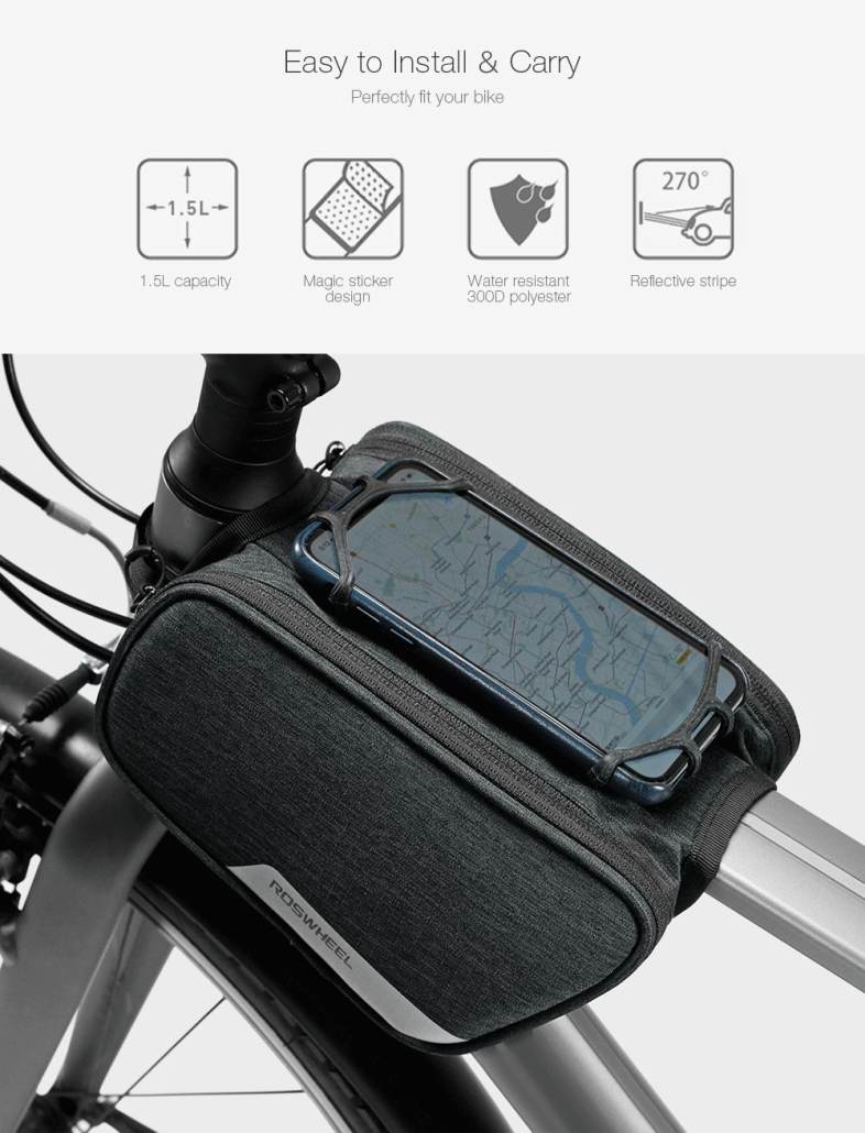ROSWHEEL 121461 Bicycle Top Tube Pannier Bike Frame Bag with Phone Mount Holder