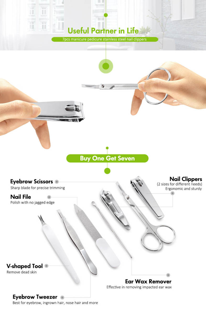 7pcs Manicure Pedicure Stainless Steel Grooming Nail Clipper Cut Scissor