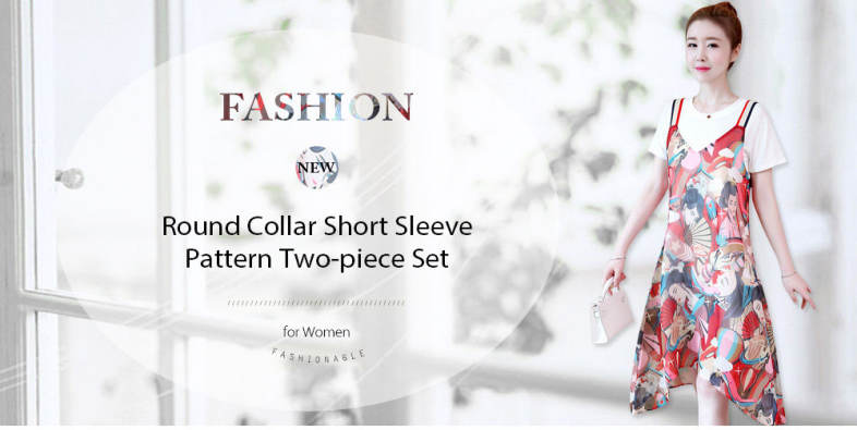 Round Collar Short Sleeve Pattern Women Two-piece Set