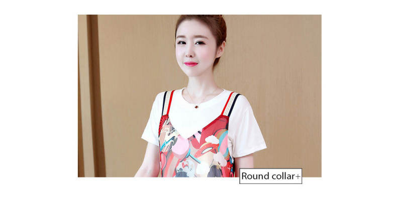 Round Collar Short Sleeve Pattern Women Two-piece Set