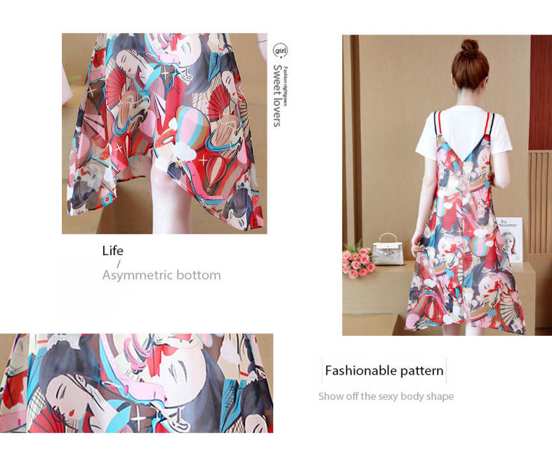 Round Collar Short Sleeve Pattern Women Two-piece Set