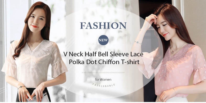 V Neck Half Bell Sleeve Lace Polka Dot Chiffon Women T-shirt
