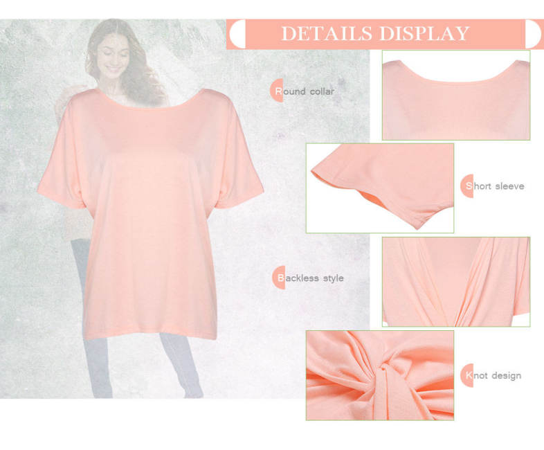 Round Collar Short Sleeve Backless Knot Loose Women T-shirt