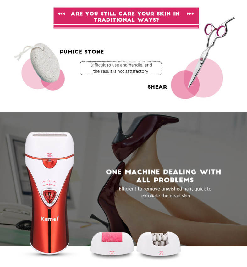 Kemei KM - 1107 3-in-1 Rechargeable Epilator Lady Shaver Callus Remover 