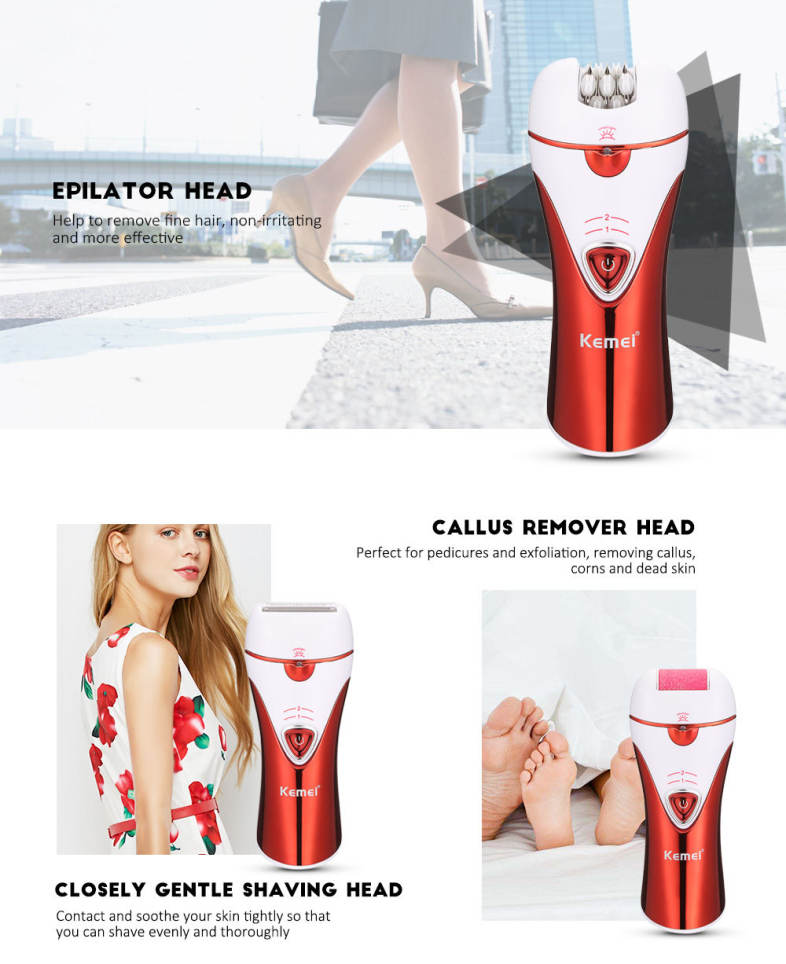 Kemei KM - 1107 3-in-1 Rechargeable Epilator Lady Shaver Callus Remover 