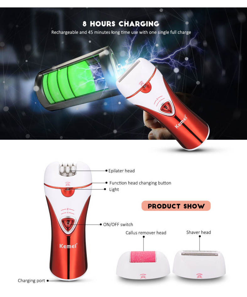 Kemei KM - 1107 3-in-1 Rechargeable Epilator Lady Shaver Callus Remover 