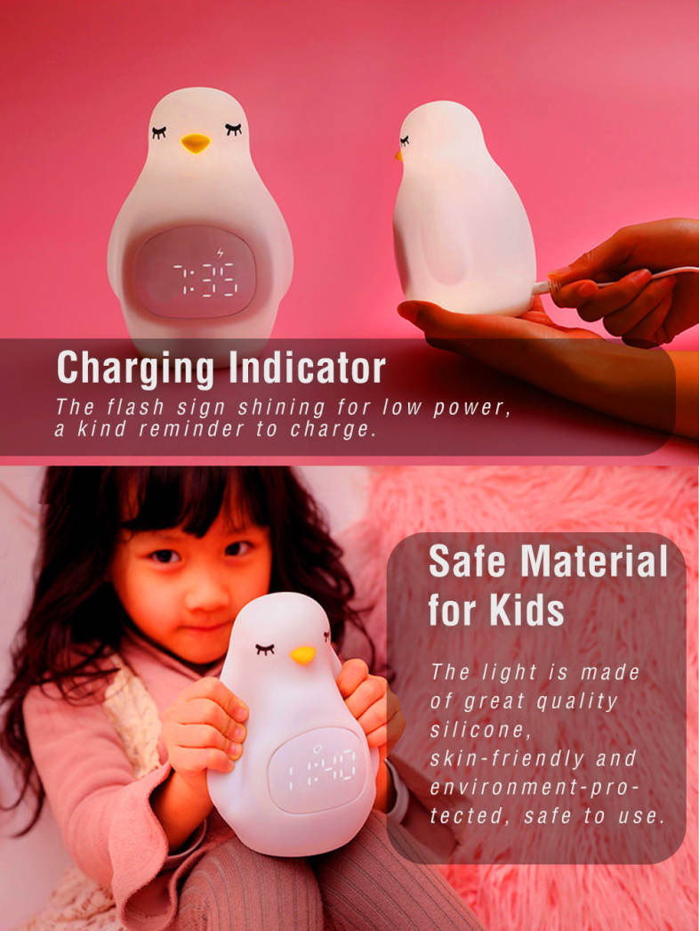 A LED Night Light Penguin Outlook Alarm Clock Silicone Cute Lamp for Children