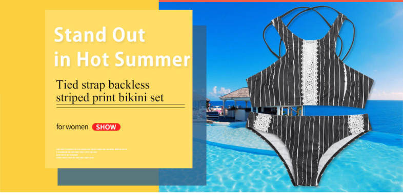 Sexy Female Tied Strap Backless Striped Print Women Bikini Set Swimwear