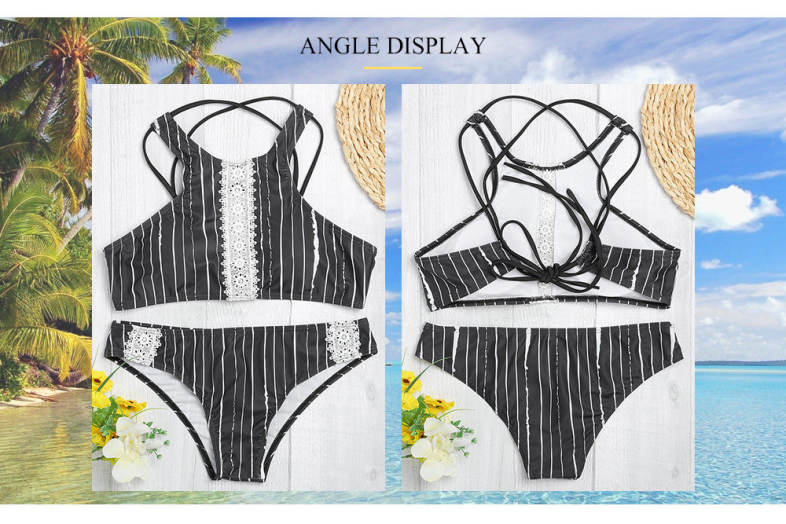 Sexy Female Tied Strap Backless Striped Print Women Bikini Set Swimwear