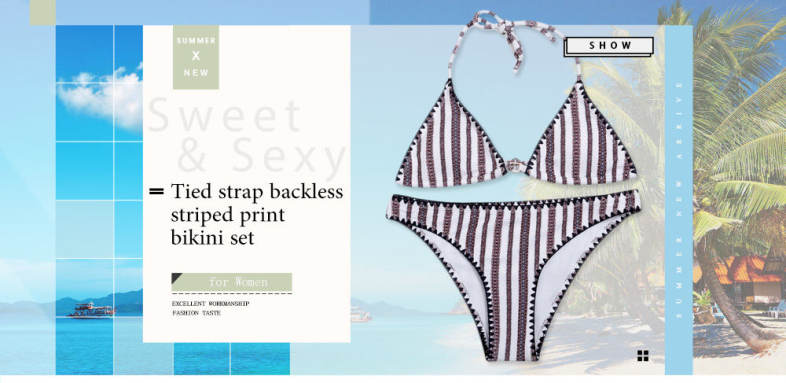 Women Sexy Detachable Padded Striped Bikini Set / Two Piece Female Swimsuit