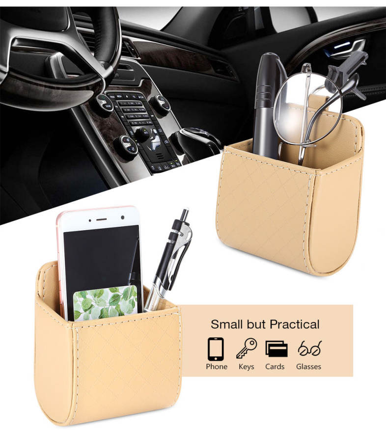 Car PU Leather Air Outlet Hanging Storage Box Holder Phone Card Sunglasses 