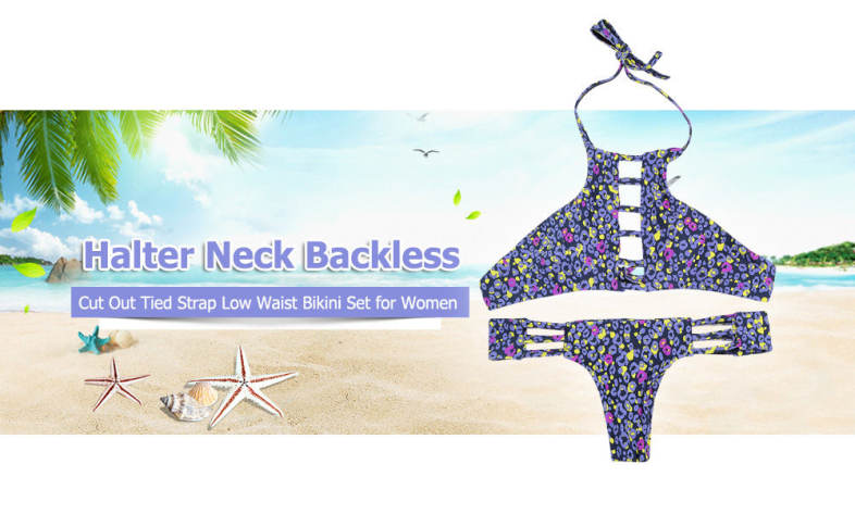 Halter Neck Backless Cut Out Print Tied Low Waist Women Bikini Set