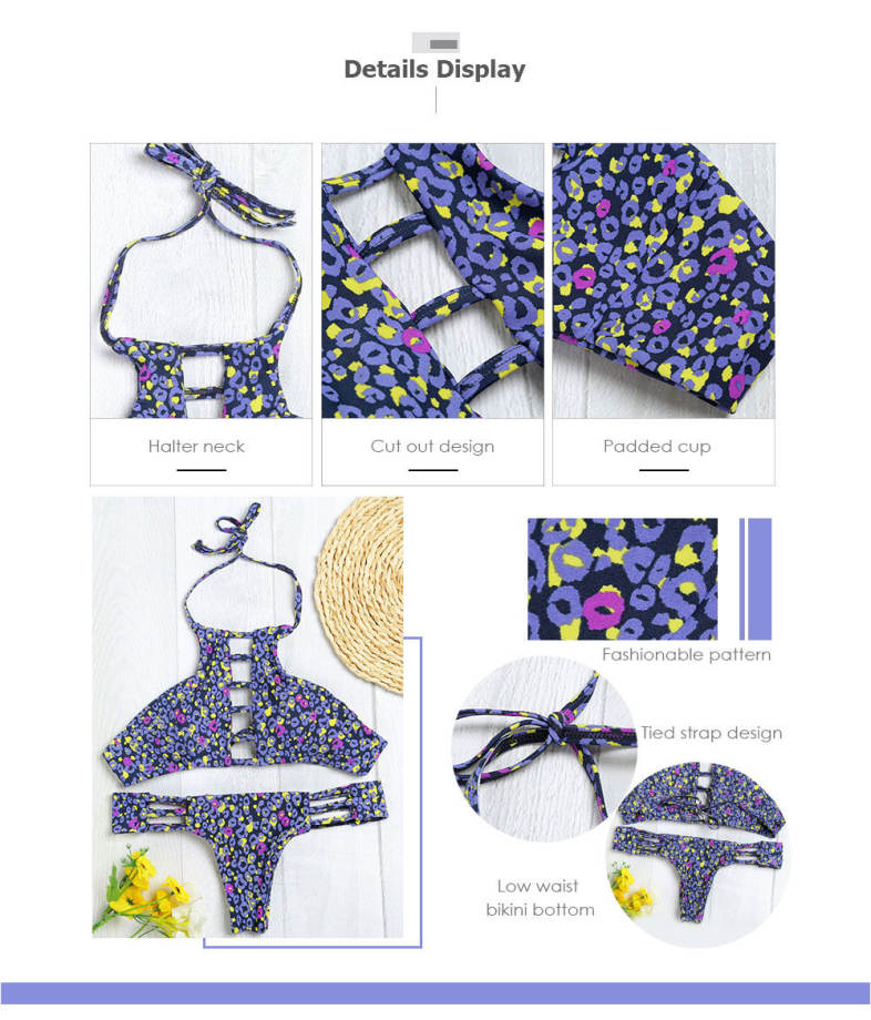 Halter Neck Backless Cut Out Print Tied Low Waist Women Bikini Set