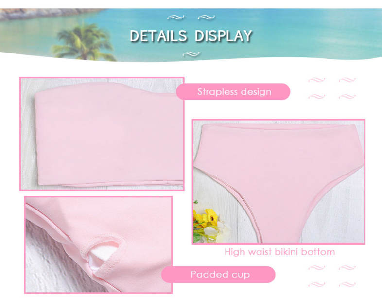 Strapless Padded Solid Color High Waist Two-piece Women Bikini Set