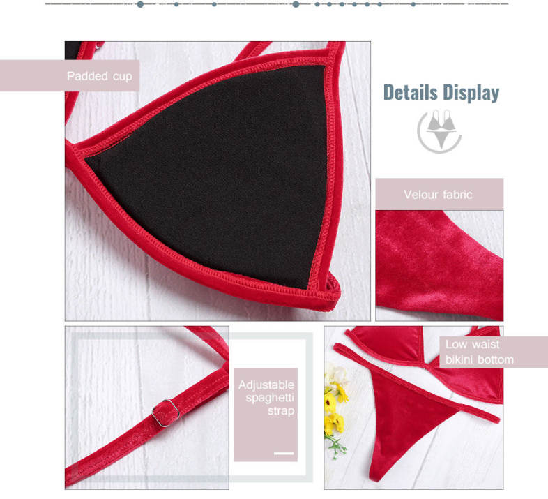 Spaghetti Strap Padded Backless Low Waist Velour Women Bikini Set