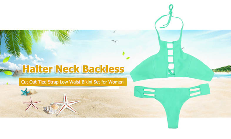 Halter Neck Backless Cut Out Tied Strap Low Waist Women Bikini Set