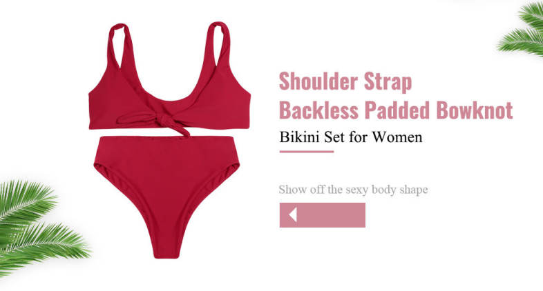 Shoulder Strap Backless Padded Bowknot Solid Color Women Bikini Set