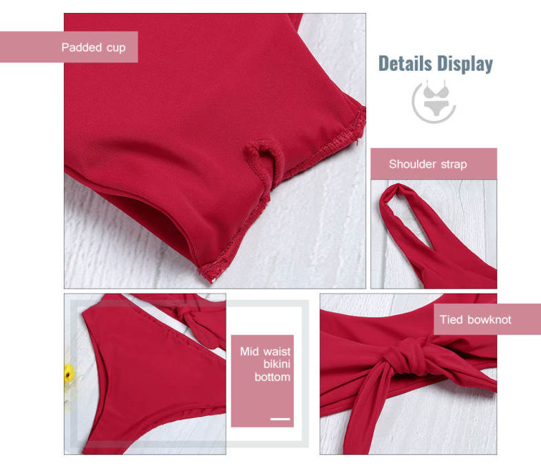 Shoulder Strap Backless Padded Bowknot Solid Color Women Bikini Set