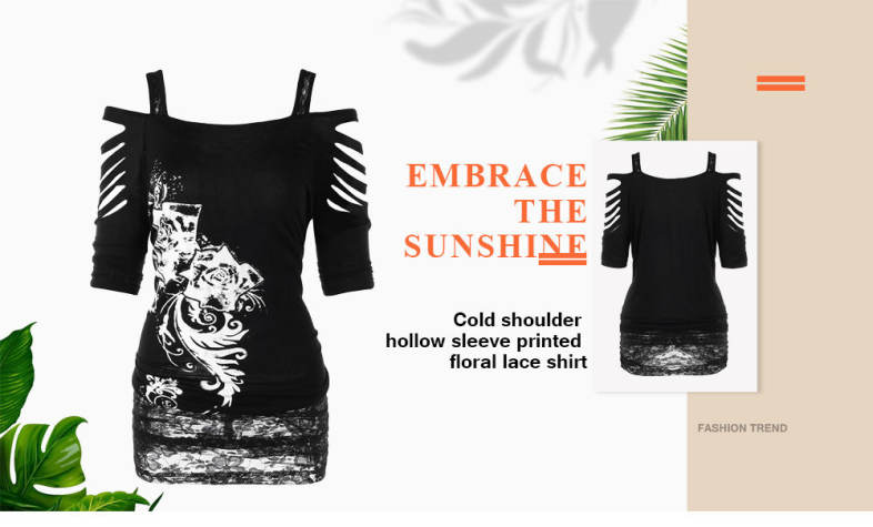 Women Cold Shoulder Hollow Sleeve Printed Floral Lace Shirt Female Blouse