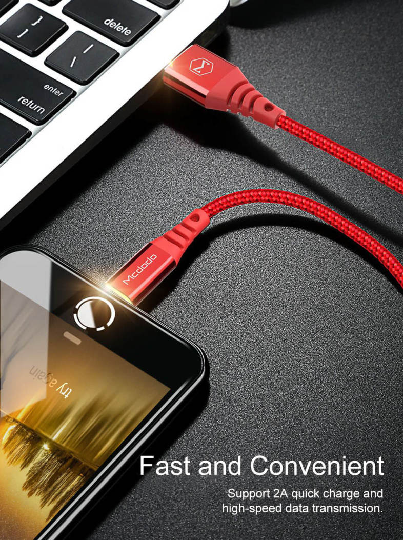 Mcdodo CA - 5090 8 Pin Fast Charging Cable Nylon LED Indicator 2A 1.2M for iPhone