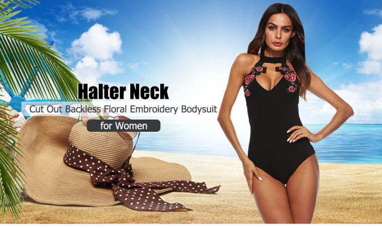 Halter Neck Cut Out Backless Floral Embroidery Women Bodysuit