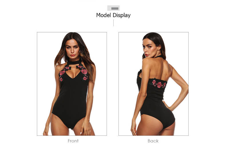 Halter Neck Cut Out Backless Floral Embroidery Women Bodysuit