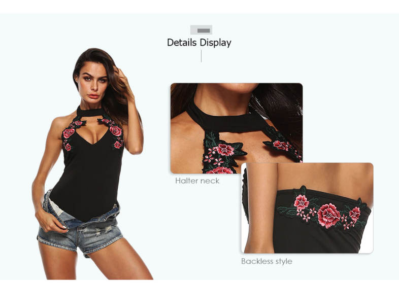 Halter Neck Cut Out Backless Floral Embroidery Women Bodysuit