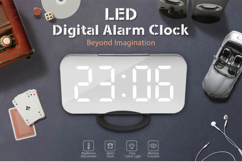 LED Digital Alarm Clock Mirror Snooze Desktop Night Light Four Colors Display