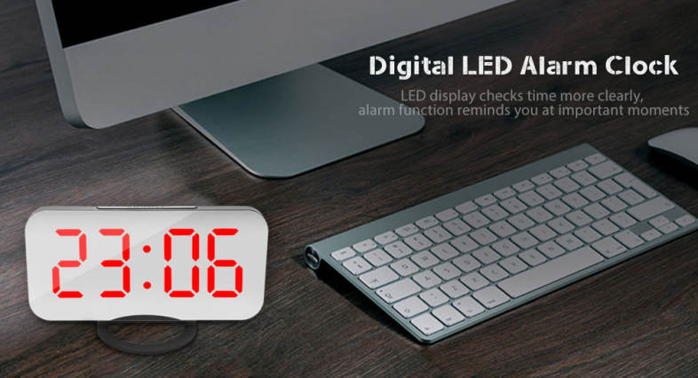 LED Digital Alarm Clock Mirror Snooze Desktop Night Light Four Colors Display