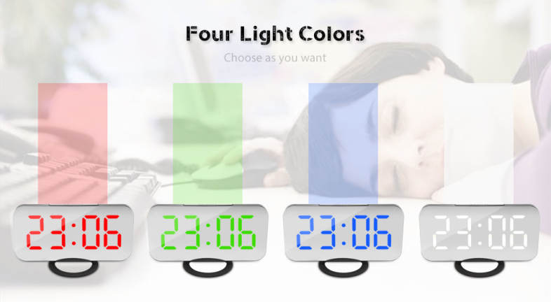LED Digital Alarm Clock Mirror Snooze Desktop Night Light Four Colors Display