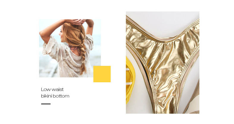 Shoulder Strap Backless Padded Foil Solid Color Low Waist Women Bikini Set