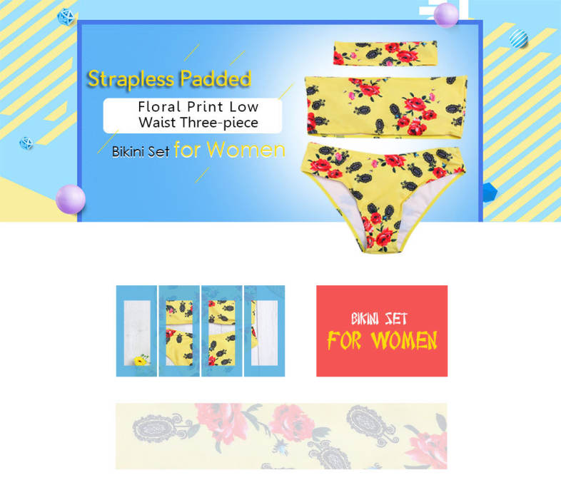 Strapless Padded Floral Print Low Waist Women Bikini Set