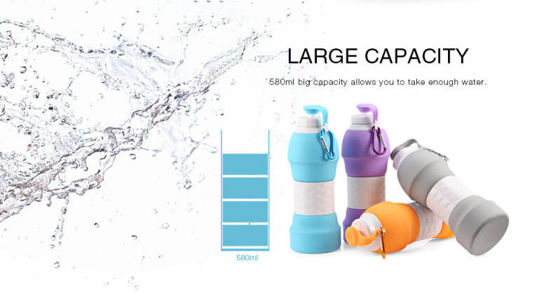 Platinum Silicone Foldable Portable Drinking Water Bottle 580ML Large Capacity