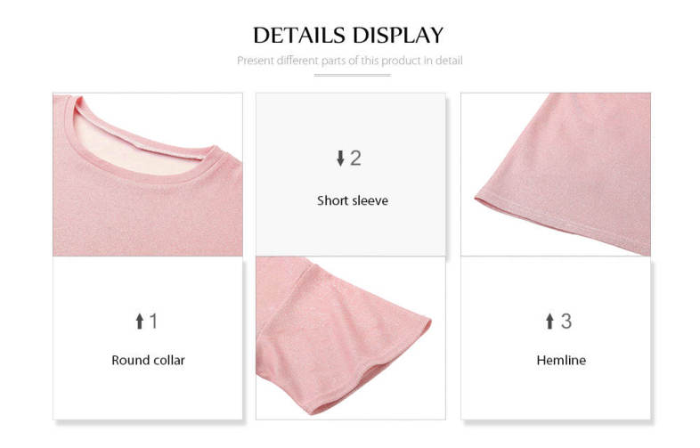 Round Collar Short Sleeve Loose Metallic Yarn Women T-shirt