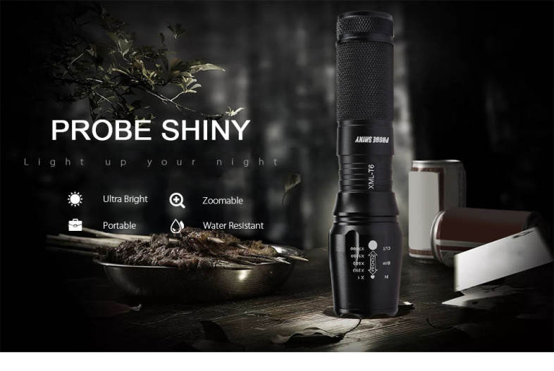 PROBE SHINY Handheld Portable LED Flashlight Zoomable Ultra Bright 