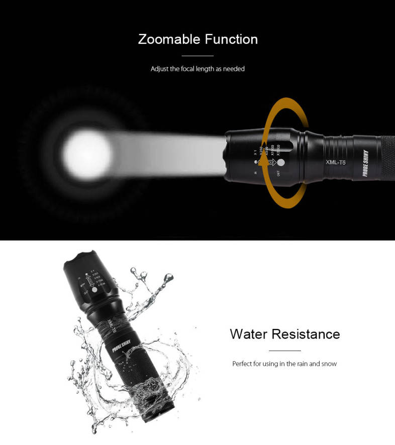 PROBE SHINY Handheld Portable LED Flashlight Zoomable Ultra Bright 