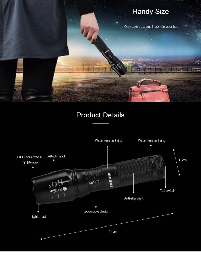 PROBE SHINY Handheld Portable LED Flashlight Zoomable Ultra Bright 