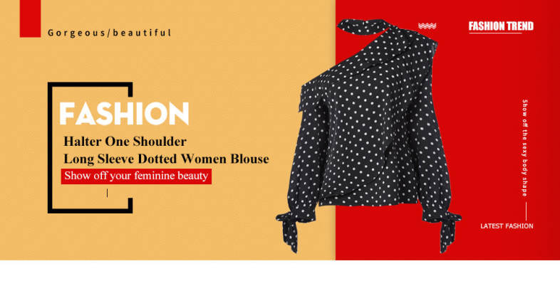 Halter Asymmetrical Shoulder Long Sleeve Tied Bowknot Dotted Women Blouse