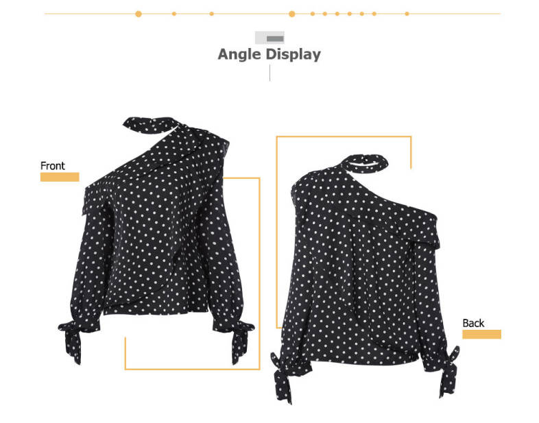Halter Asymmetrical Shoulder Long Sleeve Tied Bowknot Dotted Women Blouse
