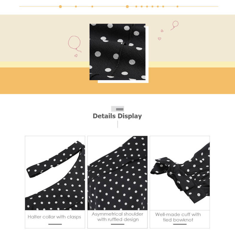 Halter Asymmetrical Shoulder Long Sleeve Tied Bowknot Dotted Women Blouse