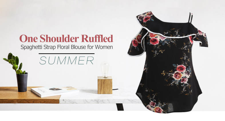 Women Chiffon Blouse One Shoulder Ruffled Spaghetti Straps Shirt Floral Tops