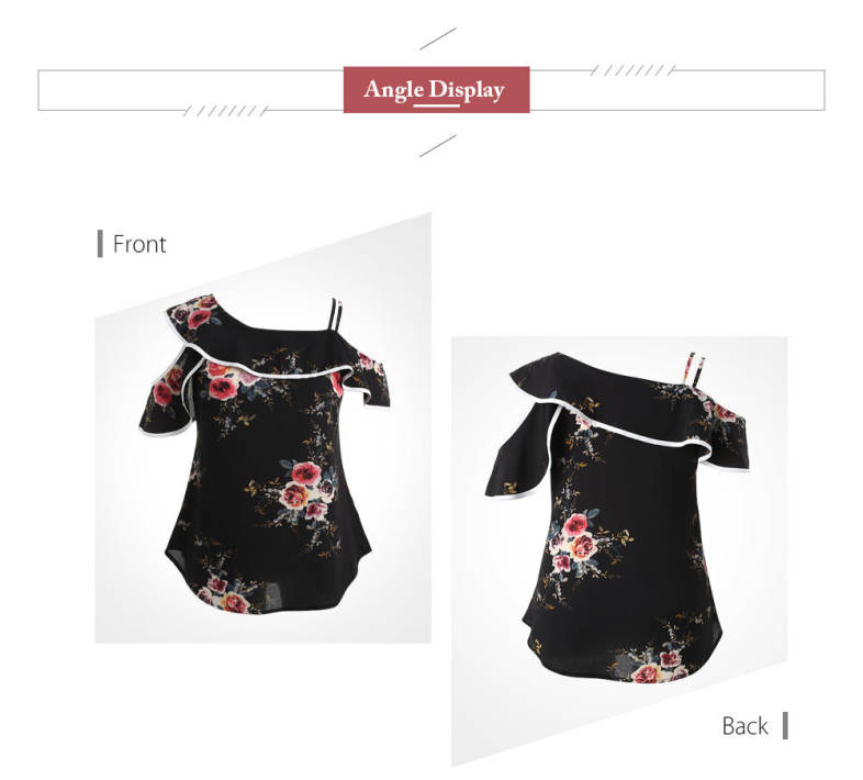 Women Chiffon Blouse One Shoulder Ruffled Spaghetti Straps Shirt Floral Tops