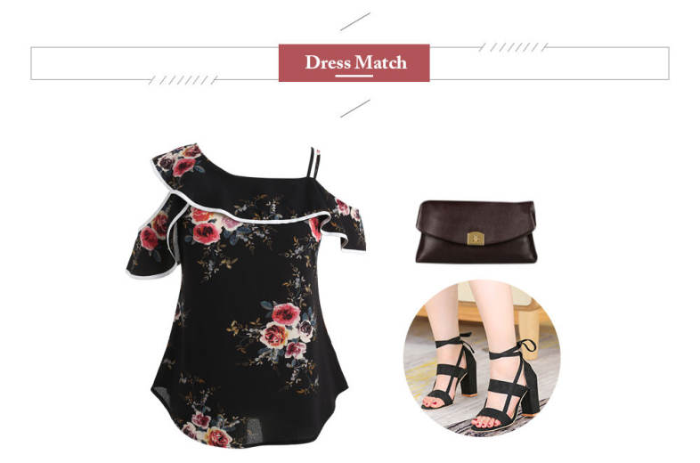 Women Chiffon Blouse One Shoulder Ruffled Spaghetti Straps Shirt Floral Tops