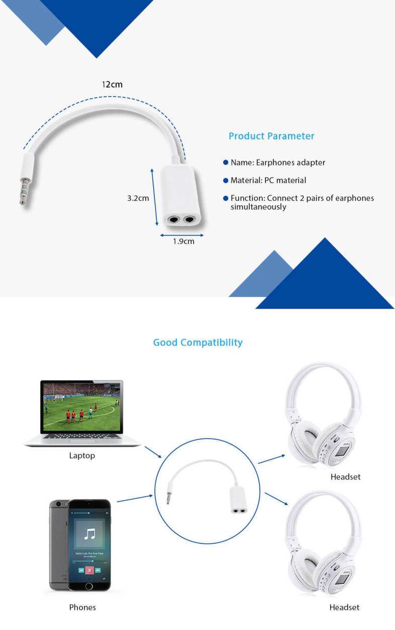 Gocomma 3.5MM Audio Splitter Connector 1 to 2 Adapter for Earphones / Headphones